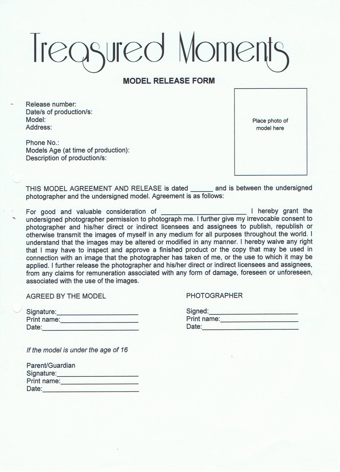 standard photo release form template