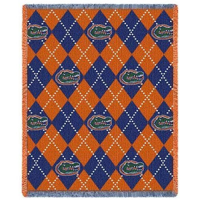 Argyle blue and orange University of Florida throw with Green Gator head logo.
