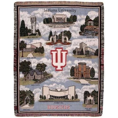 Indiana Hoosiers tapestry blanket with campus landmarks including the Sample Gates, Indiana University Student Building, Auditorium, Memorial Stadium, and Assembly Hall.