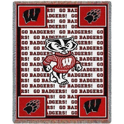 U of Wisconsin Go Badgers blanket with Bucky Badger mascot on a white background with red trim.