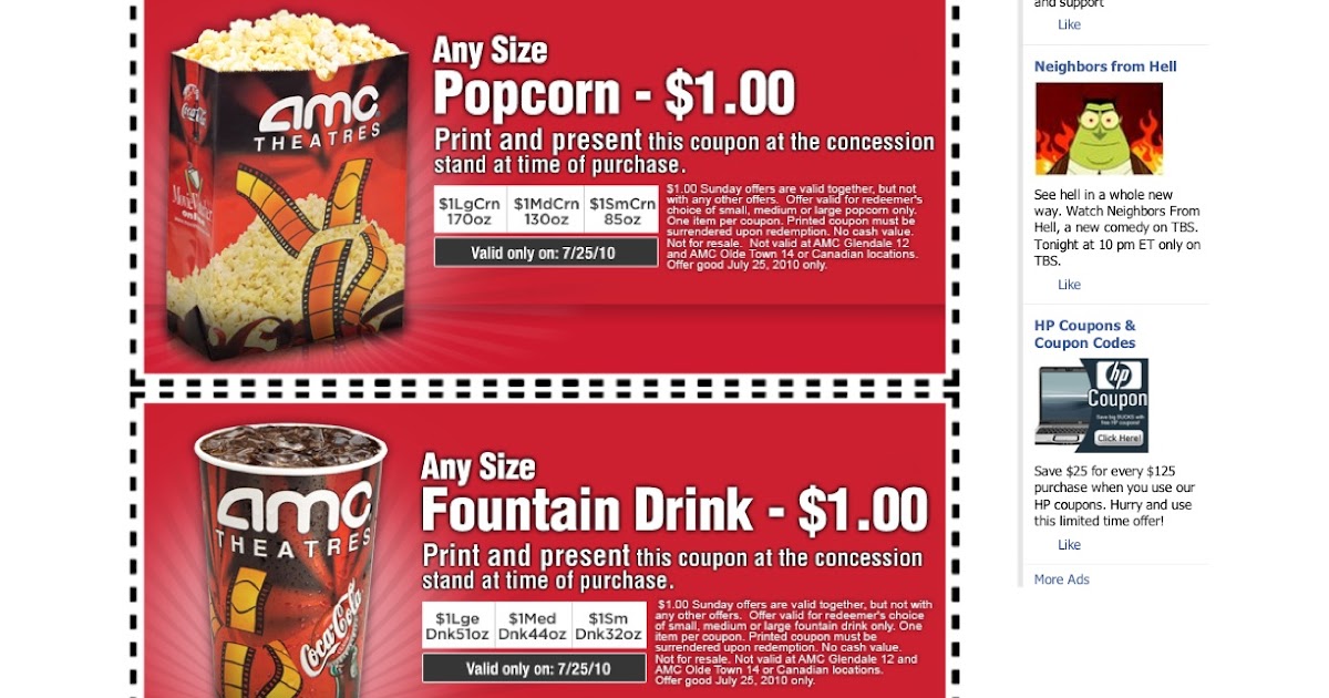 to North East Pasadena AMC 1 POPCORN AND 1 SODA JULY 25th