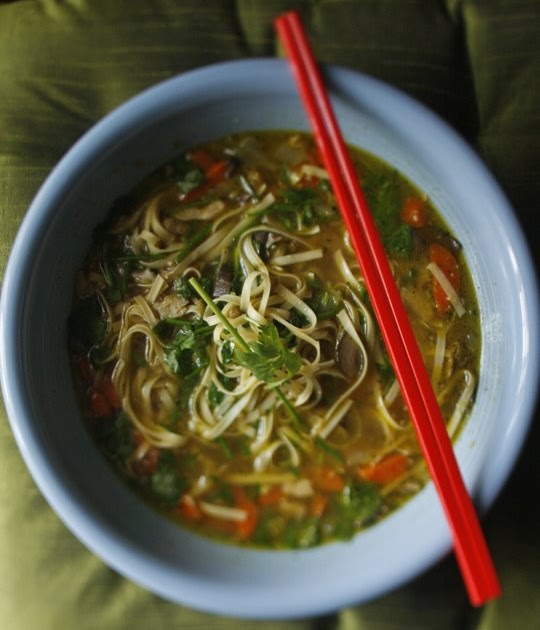 The Chubby Vegetarian Vegetable & Rice Noodle Soup in a Ginger & Garlic Broth