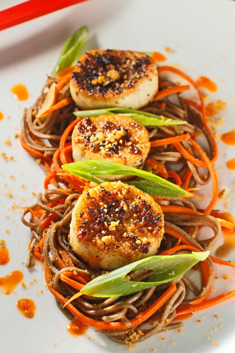 The Chubby Vegetarian King Oyster Mushroom Scallops over Ponzu Soba