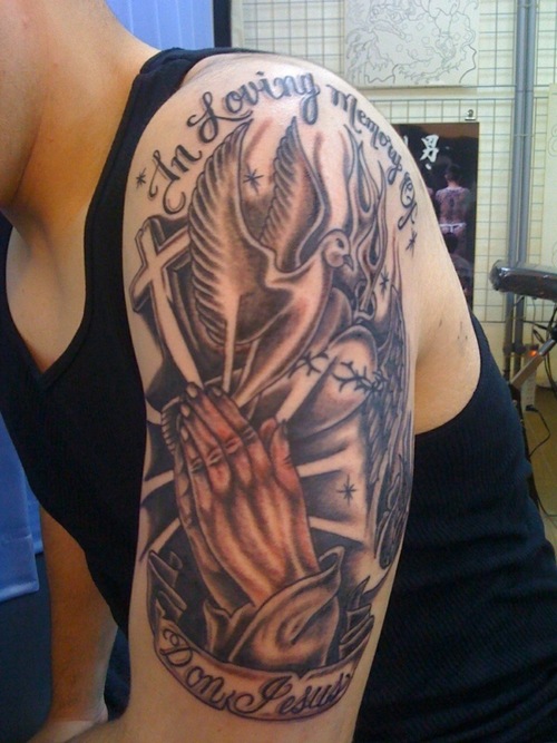 Cross Tattoo On Calf. cross with anner tattoo.