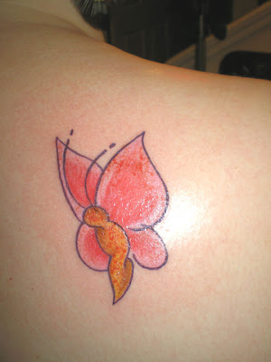 Nice, simple - Red & Hot Pink Shoulder blade butterfly tattoo.