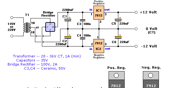 IC 7812&amp;7912 Dual Regulator Power Supply Circuit Gambar