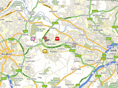 Google Maps image pin-pointing the Kit 4 Kidz event loaction at Pudsy Civic Hall, Pudsy, Leeds. Surrounded by three on-looking Ghosts from Namco's Pac-man.