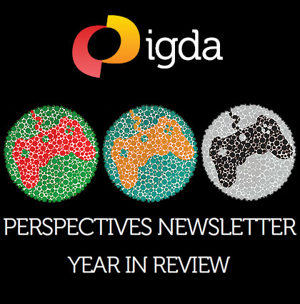 Mock-up image of three colour-blind tests, but with joypads within rather than numbers. The surrounding text reads, igda - perspectives newsletter - year in review.