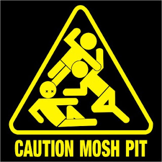 Image of a mock-up warning sign, that reads 'Warning Mosh Pit' with three people tumbling on top of one another.