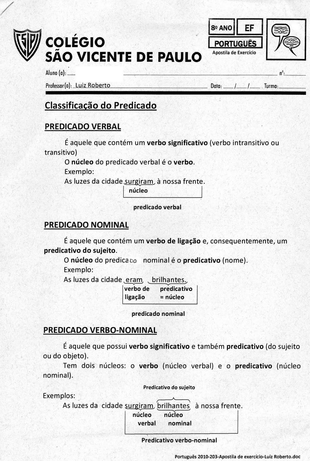 Ensino Fundamental 8º Ano: Apostila de português 2010 - CSVP
