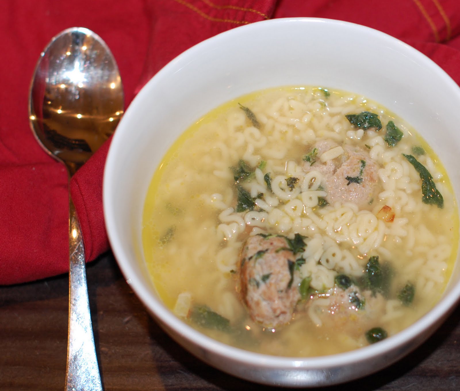 Dinner with the Kinaymans Chicken Soup with Alphabet Pasta and Meatballs