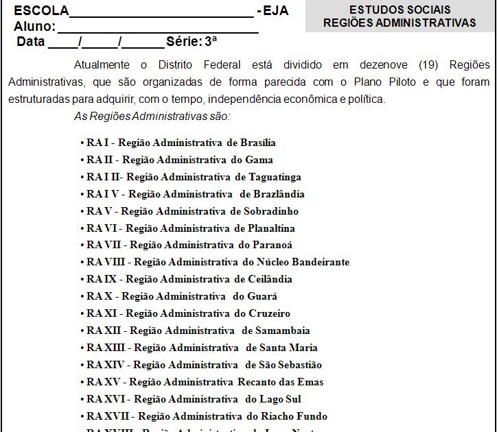 Shuly e o EJA As Regiões Administrativas DF
