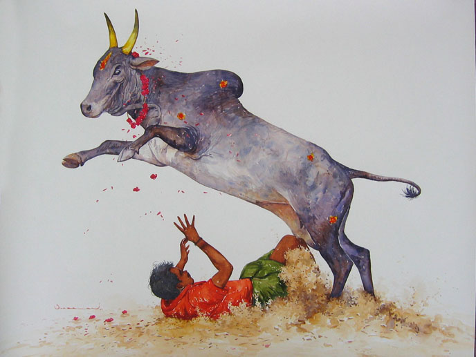 ஈகரை கவிதைப் போட்டி - 2--தமிழ் மொழி Sivabalan+Paintings+-+Bull+Fighting