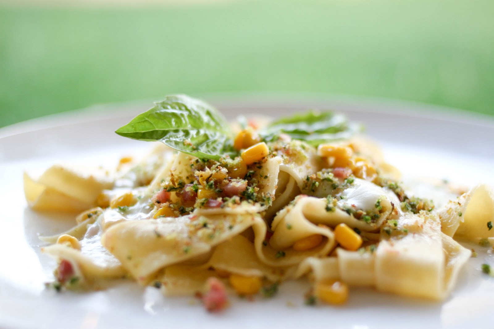 Unedeux senses Pasta with Corn, Burrata, Pancetta and Chilies