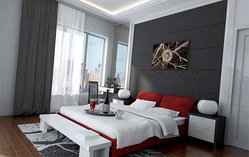 bedroom designs Modern beautiful bedroom Modern-bedroom-with-big-bed-red-pillows-picture-on-the-wall-sphere-table-lamps