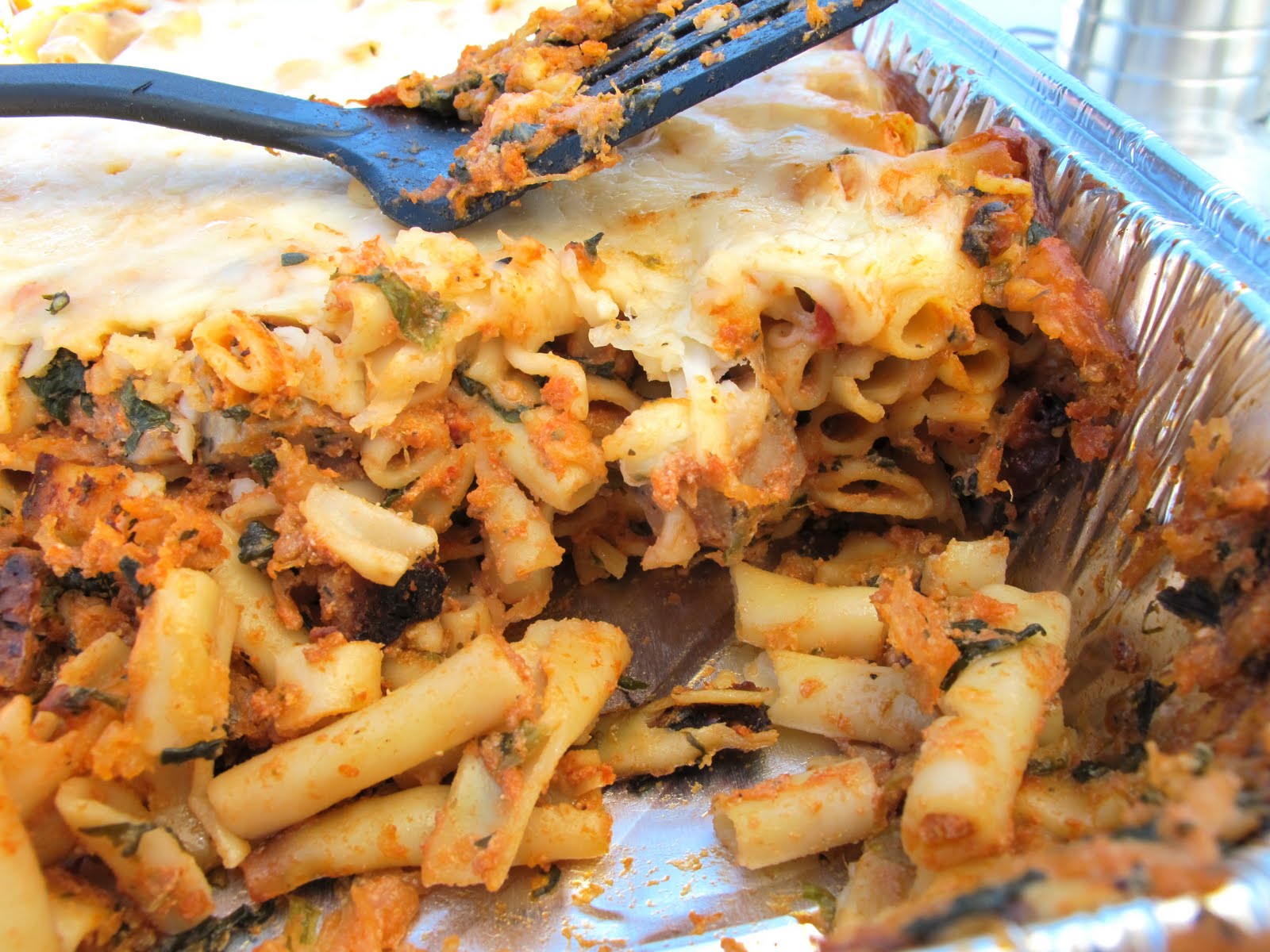 Baked ziti with sausage for a crowd in the wilderness