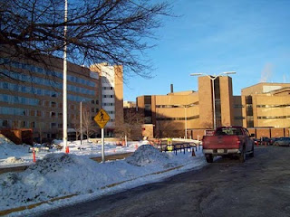 The Madison VA hospital on the left, with the University of Wisconsin hospital at the right  Photo credit: John Hamilton