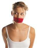 Woman with mouth taped