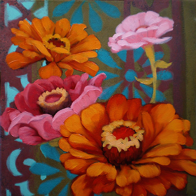 Diane Hoeptner Four Zinnias colorful flower floral painting