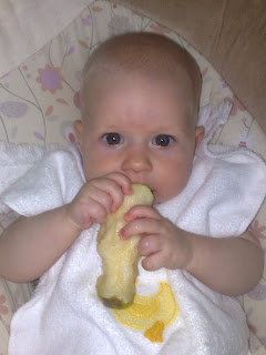 Baby eating solid pear