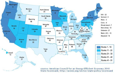 ACEEE 2010 Energy Efficiency Scorecard: map of state rankings