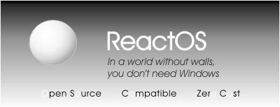ReactOS 0.4 logo: 'In a world without walls, who needs Windows?'