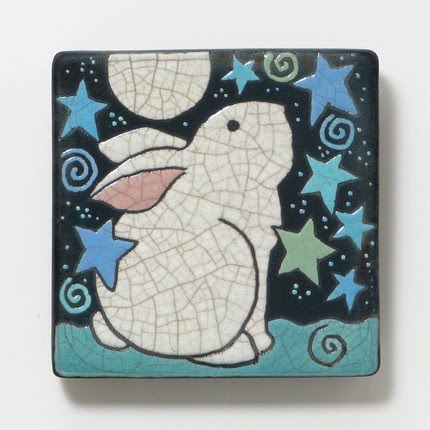 Magic star rabbit, a raku fired art tile, Davis-Vachon Gallery