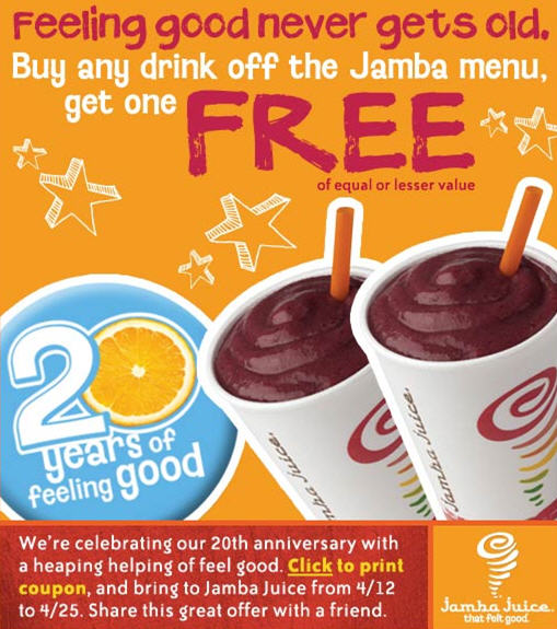 Jamba Juice - Buy one Get One jamba juice coupon. Jamba Juice - Buy one Get One