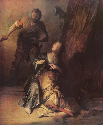 Rembrandt shows Delilah with Samson asleep in her lap.
