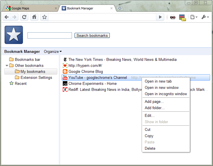 Chrome 5 Bookmark Manager