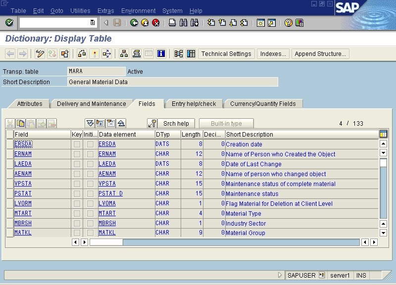 SAP ABAP with screenshots DDIC Definition for table MARA