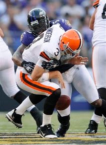 In this Sept. 21, 2008 file photo, Baltimore Ravens linebacker Terrell Suggs (55) sacks Cleveland Browns … 