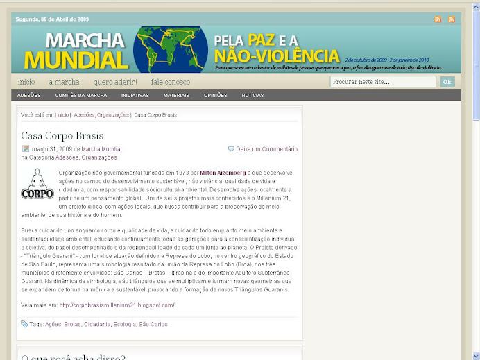 02 de outubro de 2009 à 02 de janeiro de 2010 <^> MARCHA MUNDIAL PELA PAZ e NÃO VIOLÊNCIA