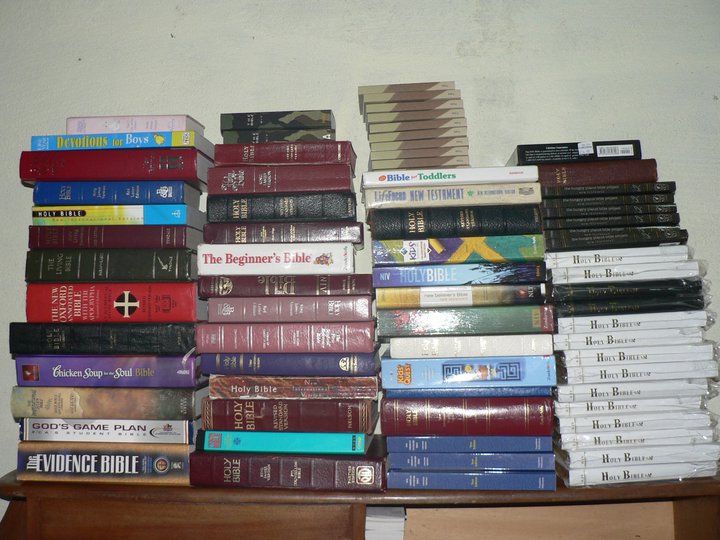Bibles and study Bibles donated to our ministry for the equiping of village pastors and Evangelists