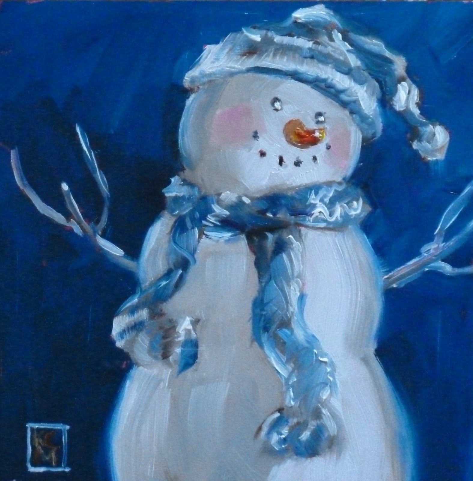 Kelley MacDonald's Paintings Mister Snowman, 6x6 Inch Original Oil