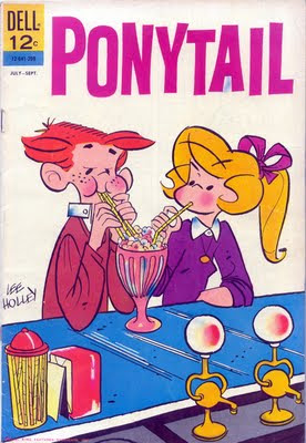 teenage boy and cartoon girl drinking from the same milkshake in Ponytail comic book by Lee Holley