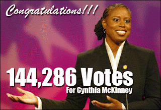 congratulations to cynthia mckinney for getting 144,286 votes