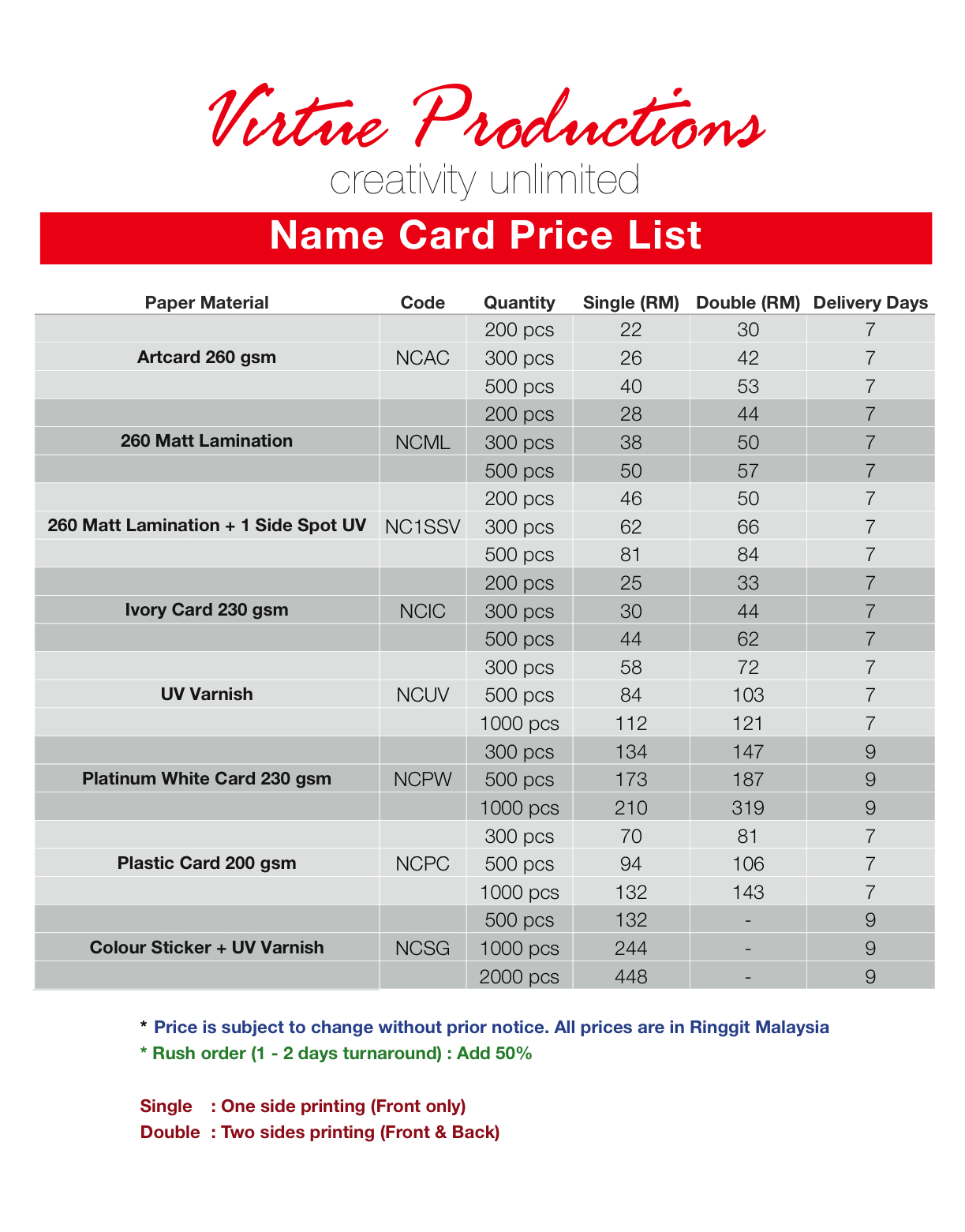 virtue productions online printing price list
