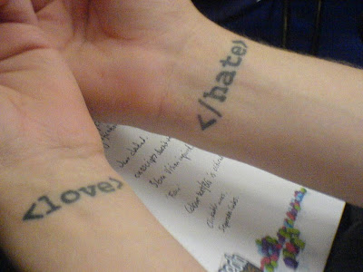 For a guy to put an Love and Hate text tattoo on his wrist in HTML