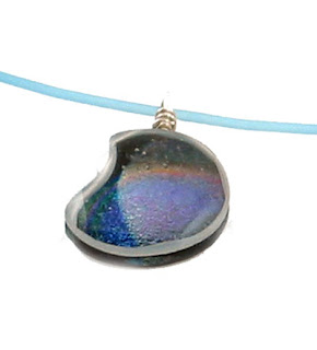 dichroic glass pendant on blue jelly cord