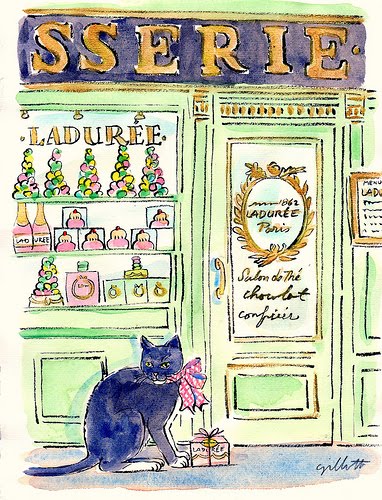 'Kitty cat' in Paris, original watercolor, 9" x 11"