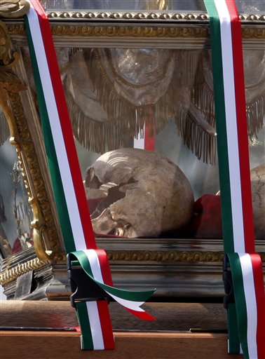 A skull perhaps that of revolutionary legend Miguel Hidalgo seen in a 