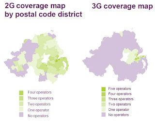 Chart comparing 2G and 3G mobile coverage in Northern Ireland (showing 90% coverage in postal districts)