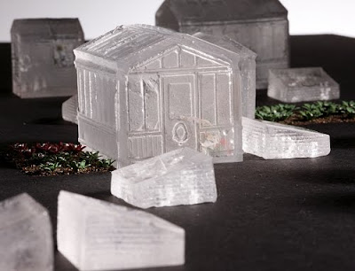 A detail from 'Fringe' a miniature glass allotment made from lost-wax kiln-cast lead crystal and Silver Art clay.