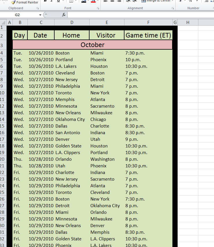 NBA Analysis and Tools 20102011 NBA Schedule in Excel