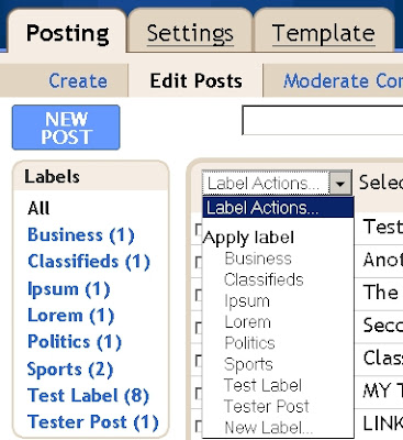 CDATA[/*
Save Template. Clear Cache and View Blog.
Show Top Labels Only In Labels Widget. |
As you write more and more posts you will keep adding labels to them to categorize your posts. You can add more than one label to any single post. Labels are useful as they serve as keywords channelling traffic to your posts through search engines like Technorati.
However the list of labels in your blog can get to be very long stretching your sidebar until your blog post looks like a flag on top of a long sidebar. To prevent this you can modify the code of your Labels widget to show only the topmost labels in your blog..............LIMIT LABEL NUMBER
To limit the number of labels shown in your Labels sidebar widget login at Blogger.com and click 'Layout' link on Dashboard. The Page Elements subtab of Template tab will open. If you do not have a Labels widget in the sidebar Add a Labels Page Element to it.
After the Labels widget is added click on Edit Html subtab of Template tab. This will open the Template code box on the Edit Html subtab. Click the Expand Widgets Template checkbox on top of the Template code box to put a check mark in it. The Template code box will show the expanded widgets templates.
Scroll down in the Template code box to locate the code for the Labels widget. This will look like this :<b:widget id='Label1' locked='false' title='Labels' type='Label'>
<b:includable id='main'>
<b:if cond='data:title'>
<h2><data:title/></h2>
</b:if>
<div class='widget-content'>
<ul>
<b:loop values='data:labels' var='label'>
<li>
<b:if cond='data:blog.url == data:label.url'>
<span expr:dir='data:blog.languageDirection'>
<data:label.name/>
</span>
<b:else/>
<a expr:dir='data:blog.languageDirection' expr:href='data:label.url'>
<data:label.name/>
</a>
</b:if>
<span dir='ltr'>(<data:label.count/>)</span>
</li>
</b:loop>
</ul>
<b:include name='quickedit'/>
</div>
</b:includable>
</b:widget>
REPLACE THE WHOLE ABOVE CODE WITH THE CODE BELOW :<b:widget id='Label1' locked='false' title='Labels' type='Label'>
<b:includable id='main'>
<b:if cond='data:title'>
<h2><data:title/></h2>
</b:if>
<ul>
<script type='text/javascript'>
var labelnum = 0;
<b:loop values='data:labels' var='label'>
if (<data:label.count/> > 2) {
document.write("<li><a expr:href='data:label.url + "?max-results=100"'
rel='nofollow'><span><data:label.name/></span></a>(<data:label.count/>)</li>");
}
</b:loop>
</script>
</ul>
<b:include name='quickedit'/>
</b:includable>
</b:widget>
The code above will only show labels with more than two posts. To increase number of labels increase the number two in this code :if (<data:label.count/> > 2) {
Preview. Save Template. Clear Cache. View Blog.
In the screenshot at right you can see two label widgets.
The Modified Labels widget at the top shows only the top two most frequently applied labels. The Normal Labels widget at the bottom shows all the labels in the blog. If you have such a widget and lots of labels it can get terribly long making your blog stand on it's long sidebar!!LIMIT NUMBER OF POSTS SHOWN FOR LABELS
When a label is clicked in the sidebar the default number of posts loaded is 20. You can also decrease this number by modifying the code show above. Take a look at these code lines within the above code :<a expr:href='data:label.url + "?max-results=100"' rel='nofollow'>
Change '100' in the above line to the number of posts you wish to load. Remember that if you select a higher number the page will take too long to load and you may lose traffic.
Happy Blogging!
Everything About Labels in Blogger. |
I think everyone knows by now that in the New Blogger Label is the new Category. Labels are used to tag posts so that all posts with one label can be brought up immediately for viewing. Labels can also be used to increase traffic to your blog as they double up as Technorati tags. However, many are still confused how to apply or delete labels from posts................APPLY LABELS
Labels are applied in the bottom frame of the post editor while creating a post. Login to Dashboard and click on +New Post. The post editor opens and after you have finished typing your post add each Label separated by comas in the bottom frame and then publish the post.
To apply a label to many posts at once login to Dashboard and click on Posts. This will bring up the list of posts. Check the box of the posts to which you want to add the label and click on the drop down arrow next to "Label Actions" in the top frame of the list. Select New label under Apply label. Type in the name of the label and OK it. It will be instantly added to all the posts you have chosen. See picture below :![