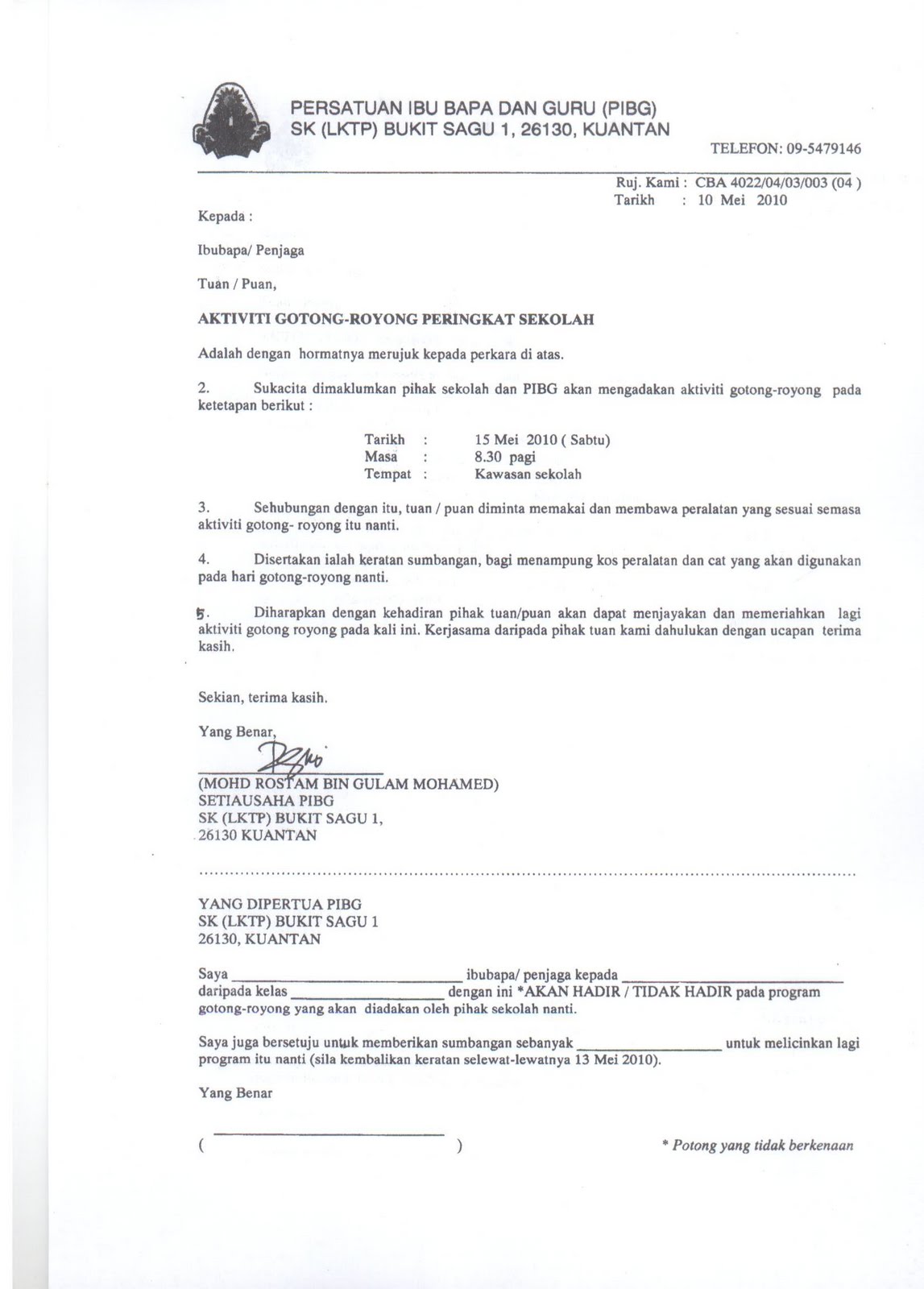 Contoh Surat Kiriman Tidak Rasmi Gotong Royong