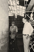 The team that built the Guidestones didn't know who was financing the project—just that it was the biggest monument in county history. Local banker Wyatt Martin inspects the English lettering with sandblaster Charlie Clamp before the 1980 unveiling. Photo: Courtesy of Fendley Enterprises Inc.