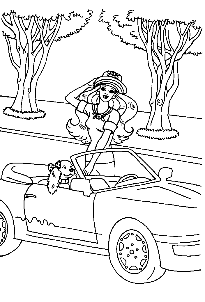 BARBIE COLORING PAGES: BARBIE SPORTS CAR COLORING PAGE WITH DOG