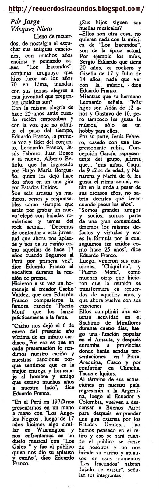 NOTA 1988-LOS IRACUNDOS  28 AÑOS DE  HISTORIA